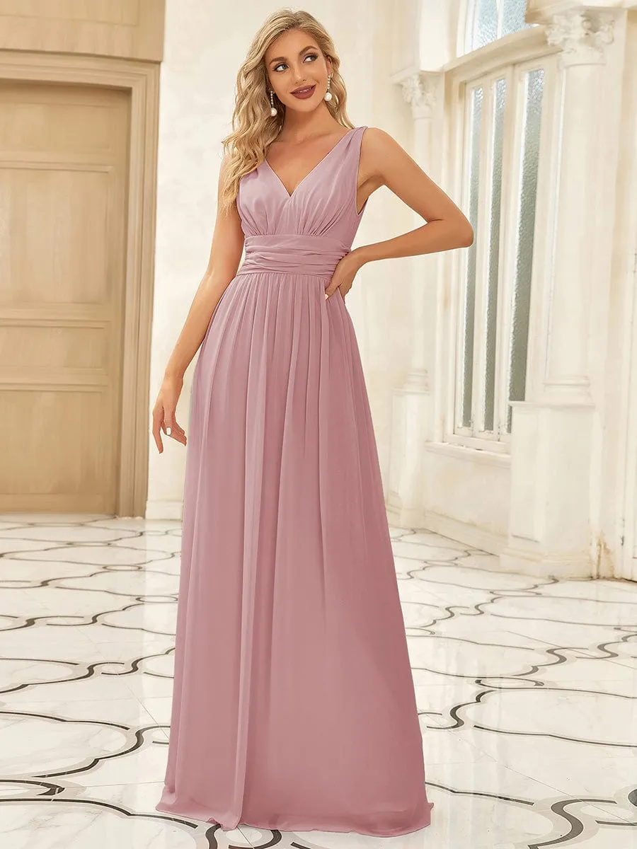 Pleated Sleeveless V-Neck Chiffon Maxi Dress