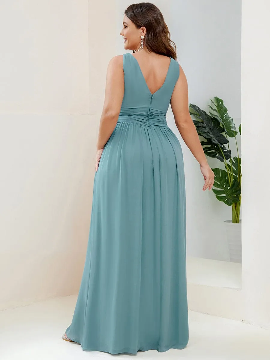 Pleated Sleeveless V-Neck Chiffon Maxi Dress