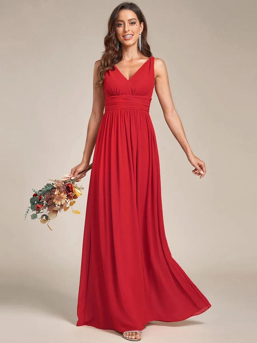 Pleated Sleeveless V-Neck Chiffon Maxi Dress