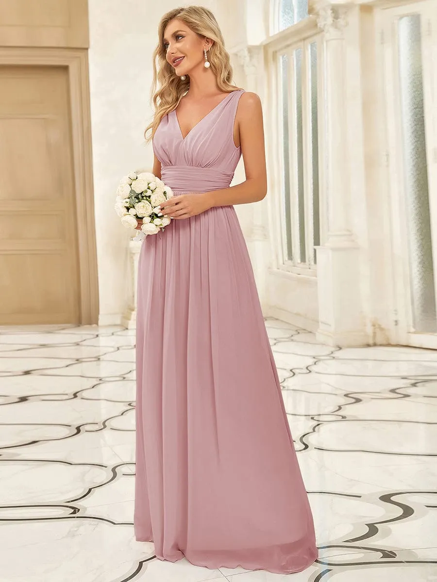 Pleated Sleeveless V-Neck Chiffon Maxi Dress