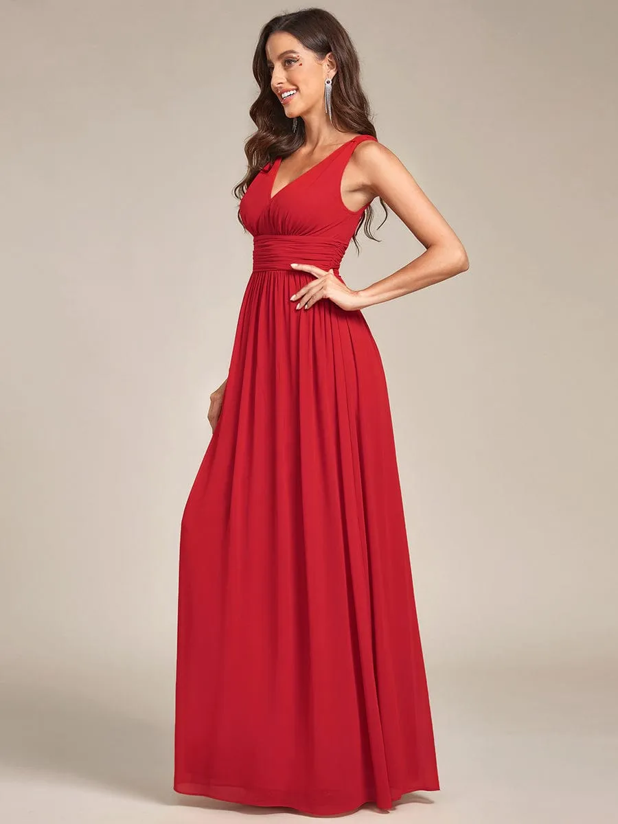 Pleated Sleeveless V-Neck Chiffon Maxi Dress