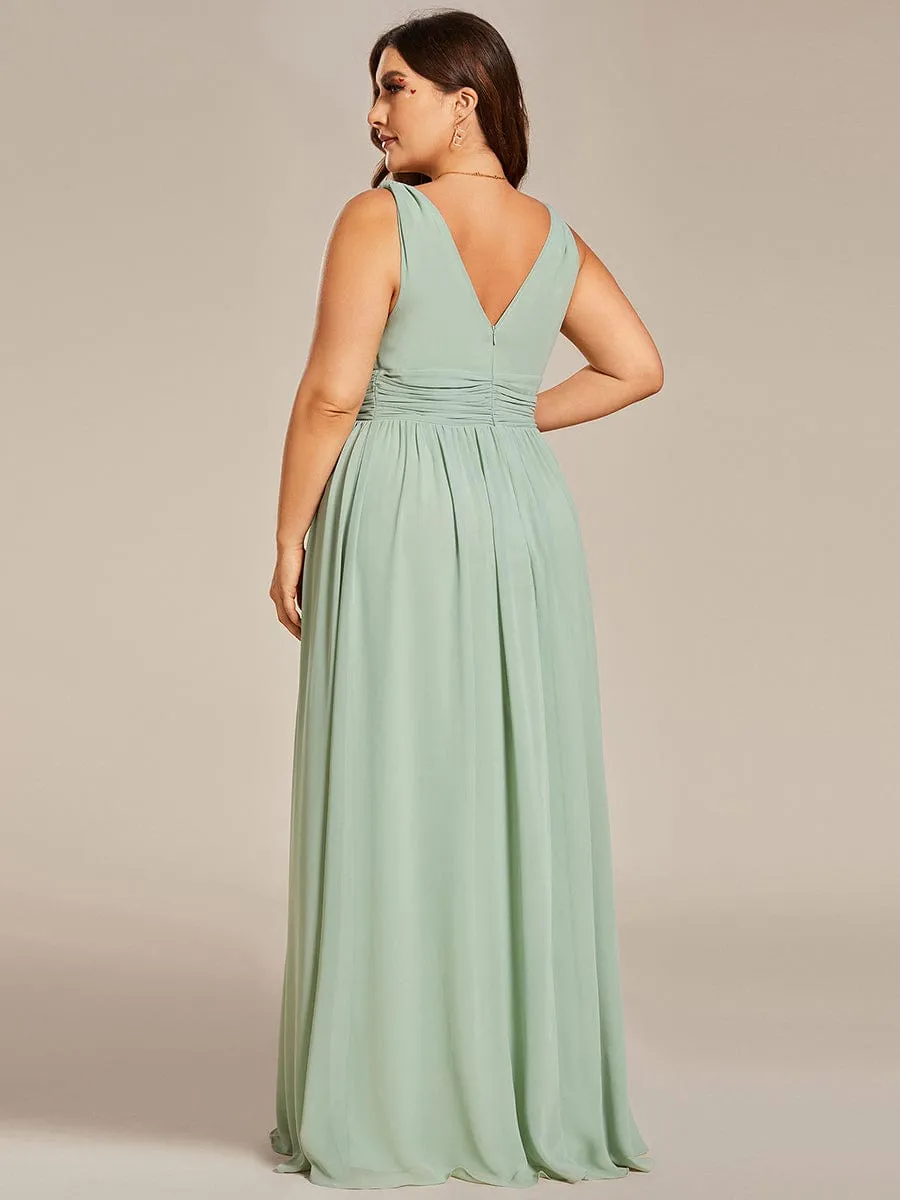 Pleated Sleeveless V-Neck Chiffon Maxi Dress