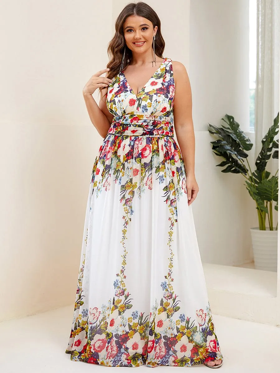 Pleated Sleeveless V-Neck Chiffon Maxi Dress