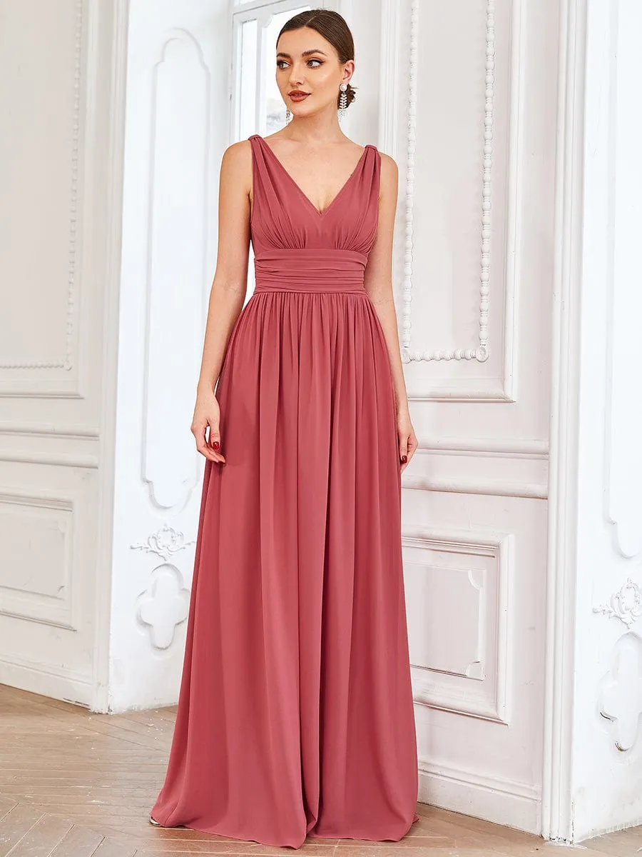 Pleated Sleeveless V-Neck Chiffon Maxi Dress