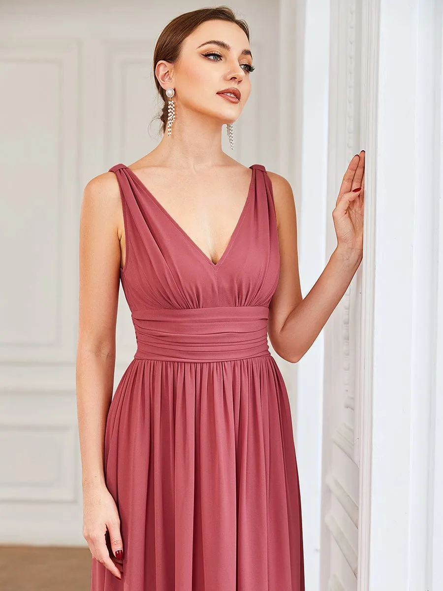 Pleated Sleeveless V-Neck Chiffon Maxi Dress