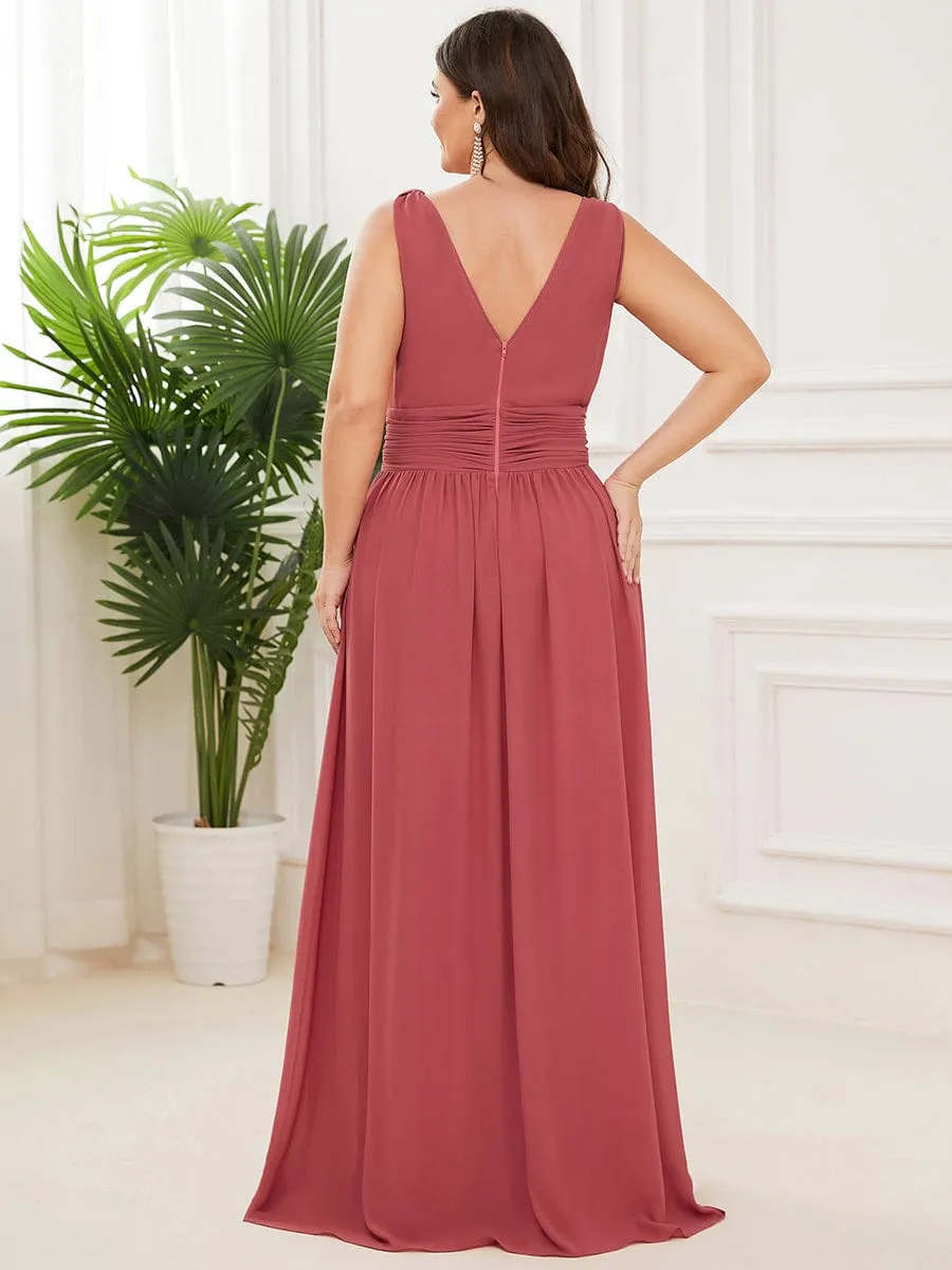 Pleated Sleeveless V-Neck Chiffon Maxi Dress