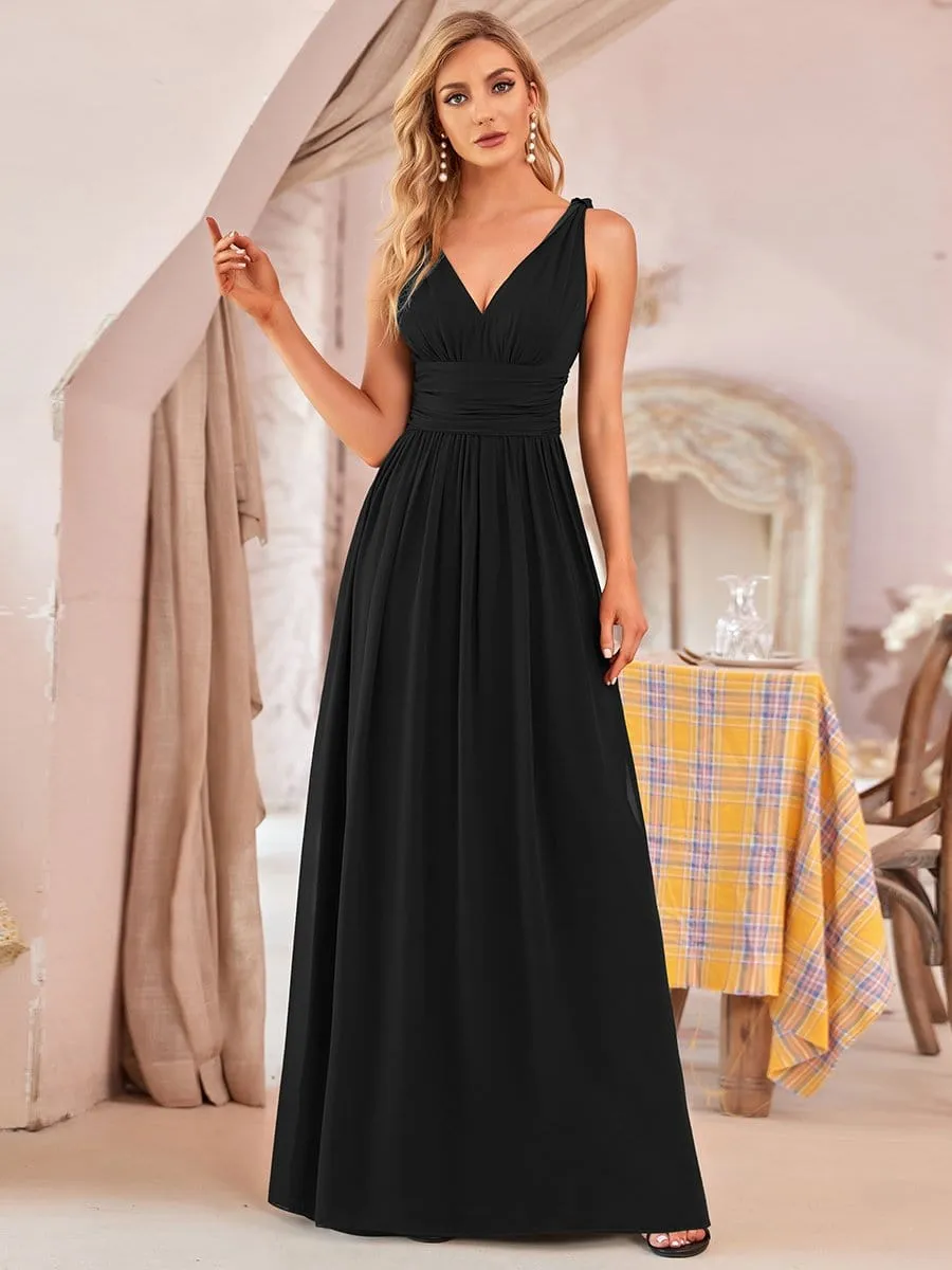 Pleated Sleeveless V-Neck Chiffon Maxi Dress