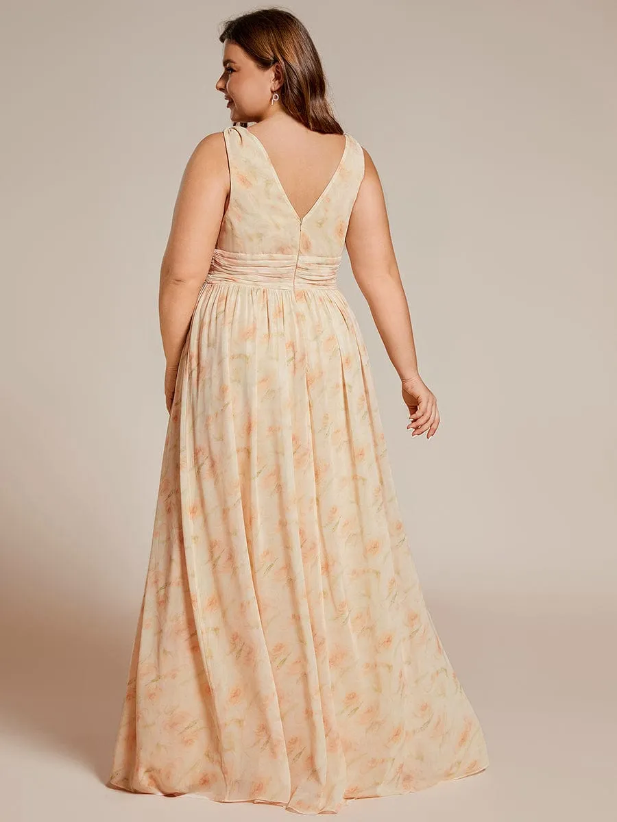 Pleated Sleeveless V-Neck Chiffon Maxi Dress