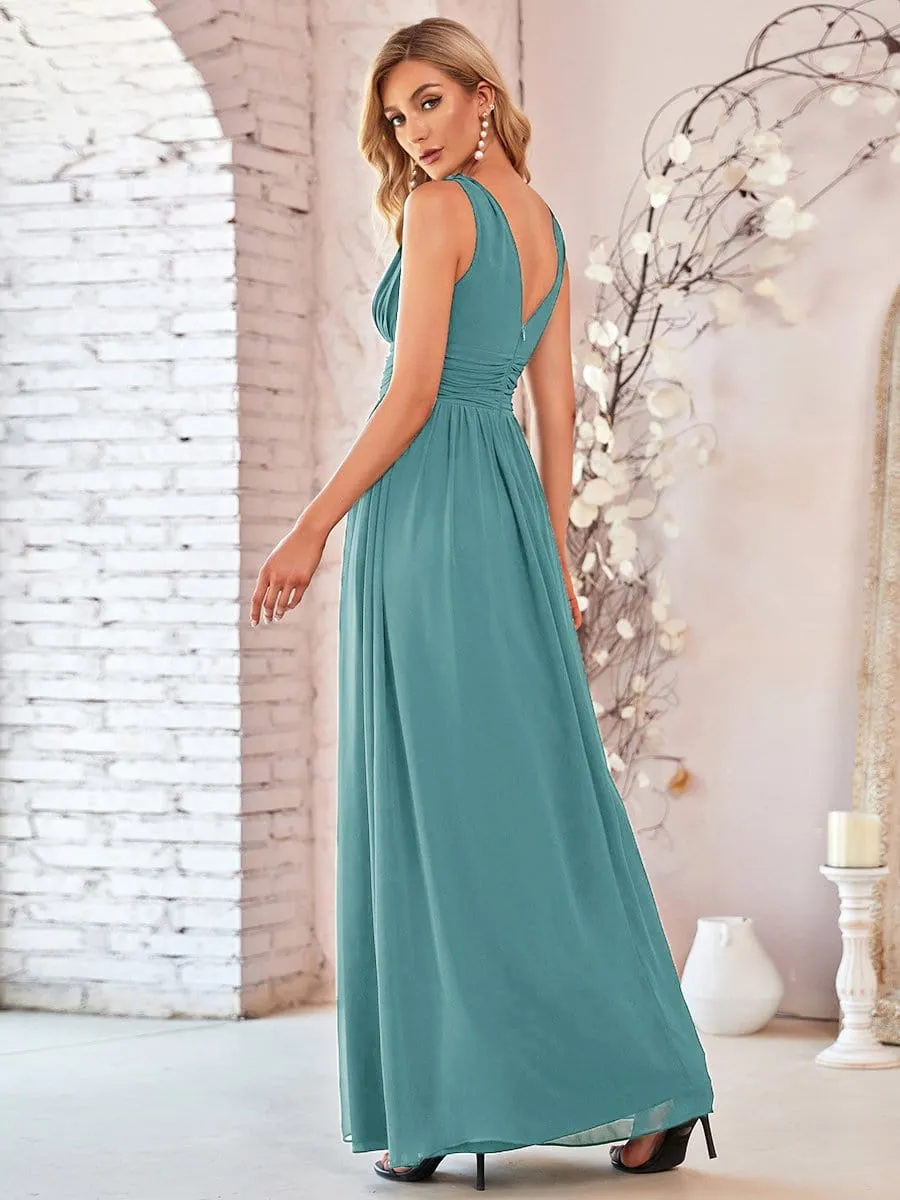 Pleated Sleeveless V-Neck Chiffon Maxi Dress