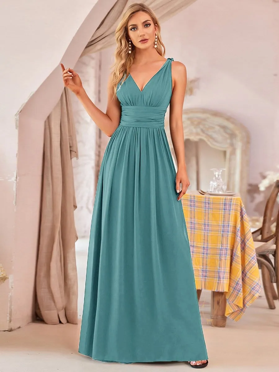 Pleated Sleeveless V-Neck Chiffon Maxi Dress