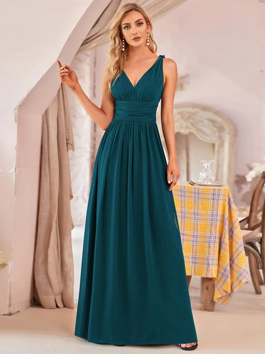 Pleated Sleeveless V-Neck Chiffon Maxi Dress