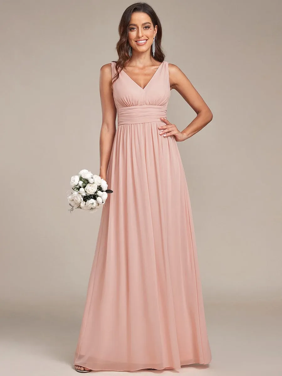 Pleated Sleeveless V-Neck Chiffon Maxi Dress