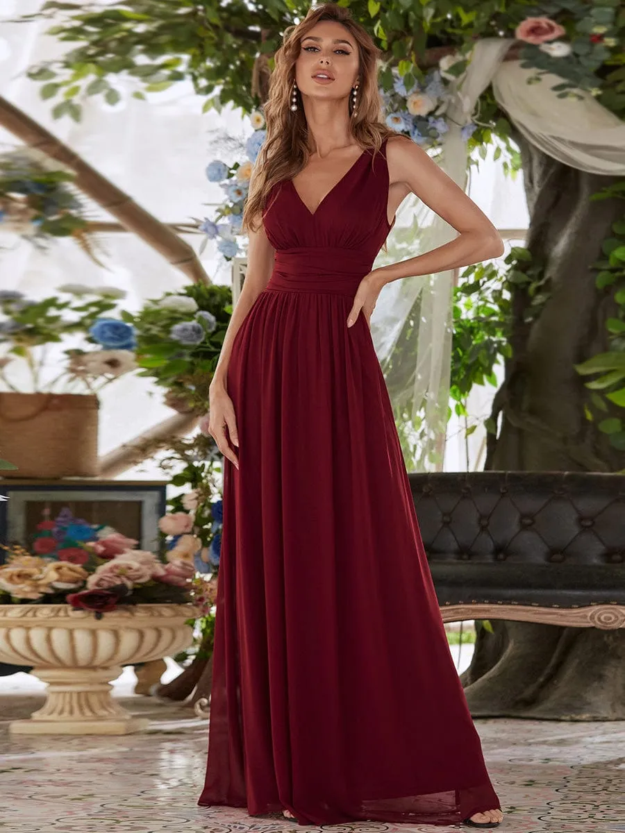 Pleated Sleeveless V-Neck Chiffon Maxi Dress