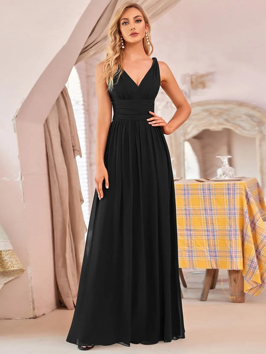 Pleated Sleeveless V-Neck Chiffon Maxi Dress