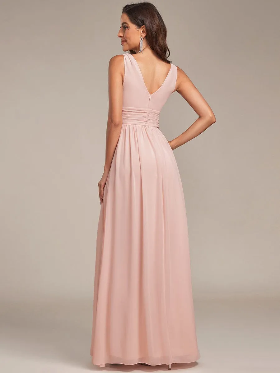 Pleated Sleeveless V-Neck Chiffon Maxi Dress