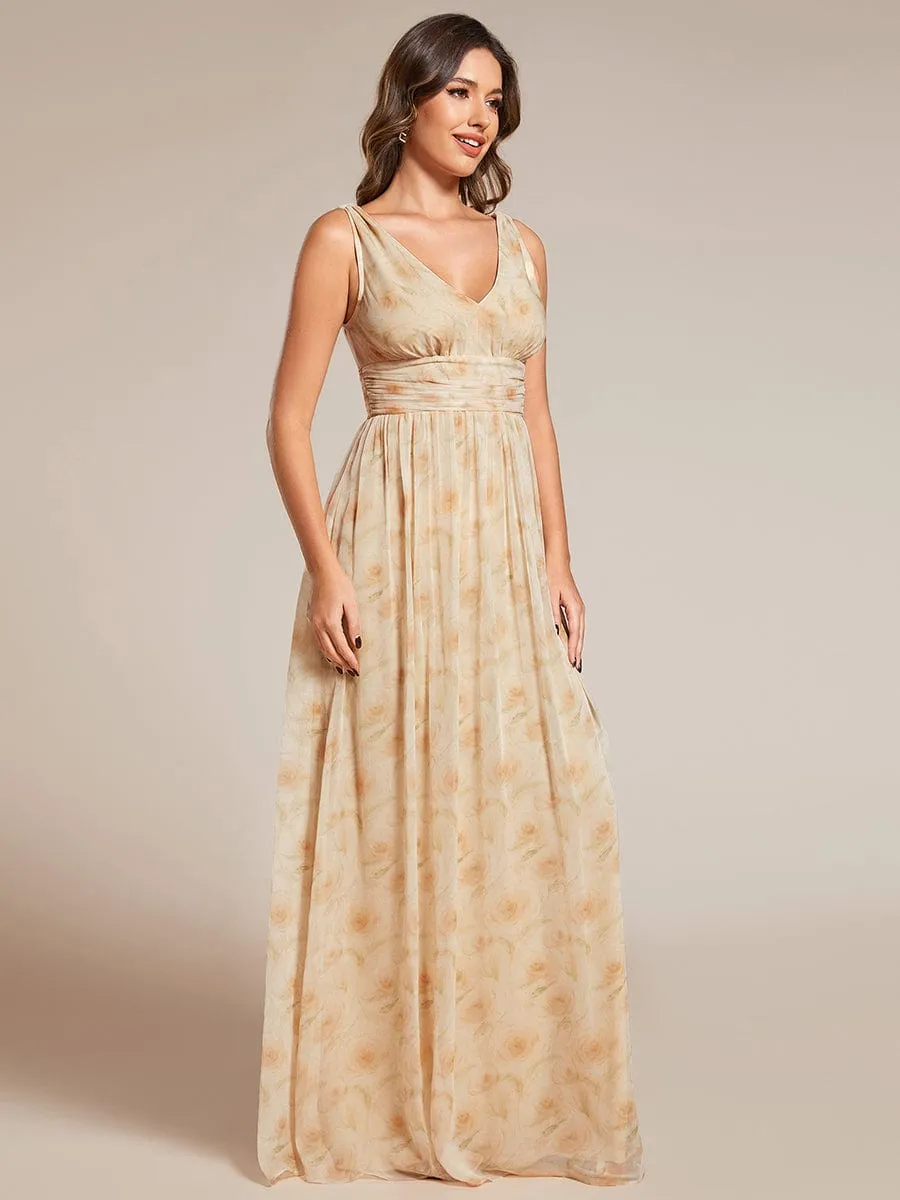 Pleated Sleeveless V-Neck Chiffon Maxi Dress