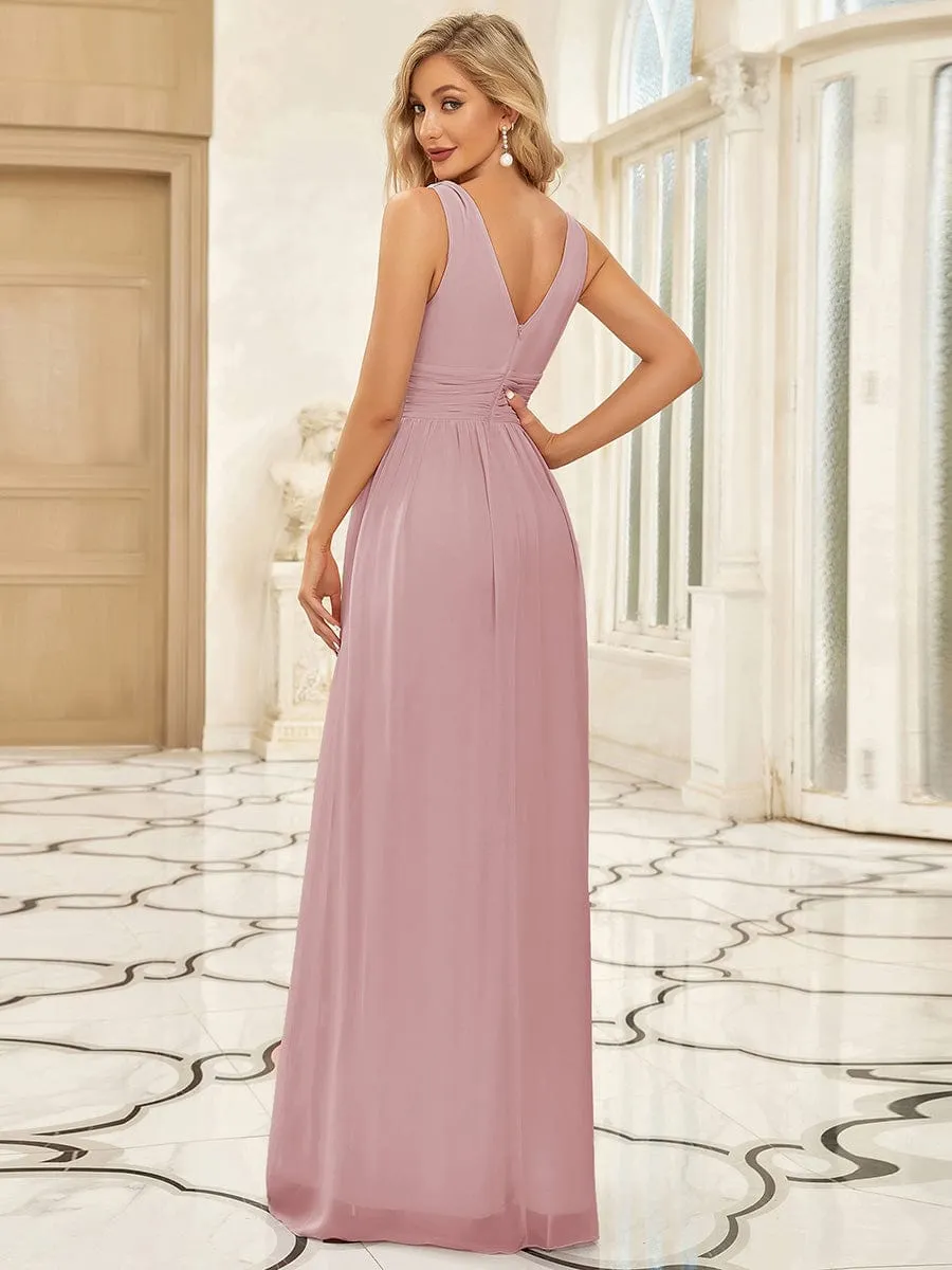 Pleated Sleeveless V-Neck Chiffon Maxi Dress