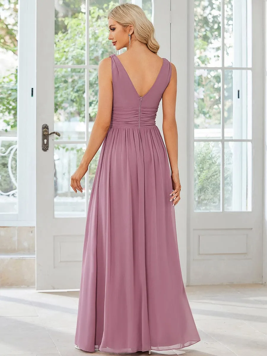 Pleated Sleeveless V-Neck Chiffon Maxi Dress