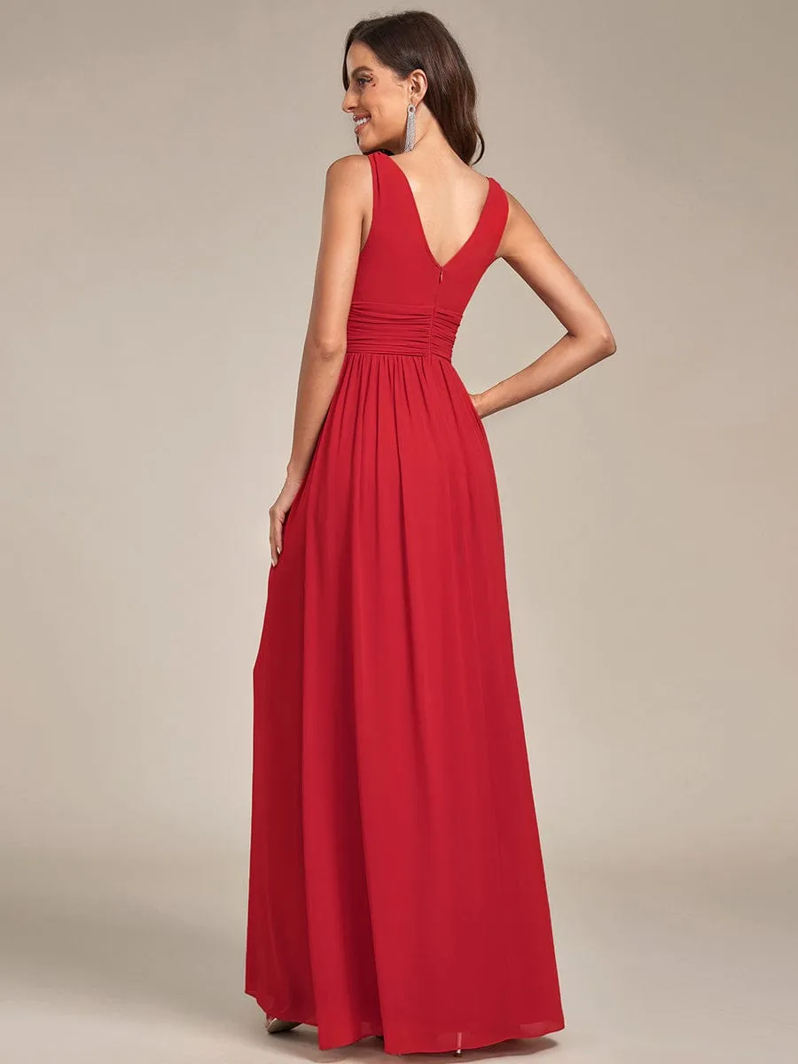 Pleated Sleeveless V-Neck Chiffon Maxi Dress