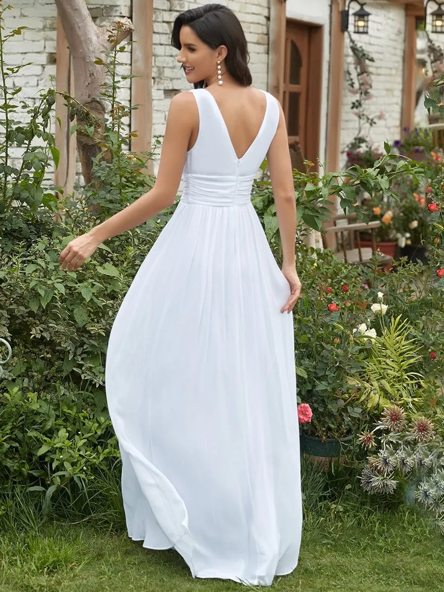 Pleated Sleeveless V-Neck Chiffon Maxi Dress