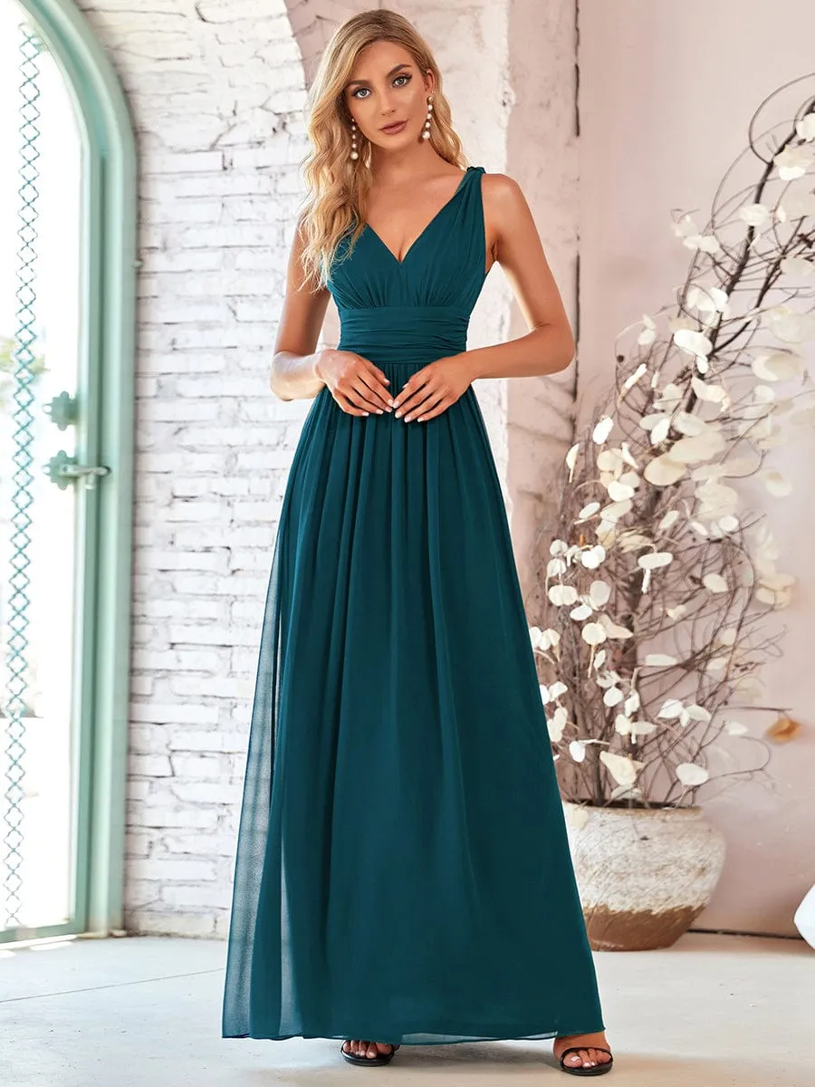 Pleated Sleeveless V-Neck Chiffon Maxi Dress