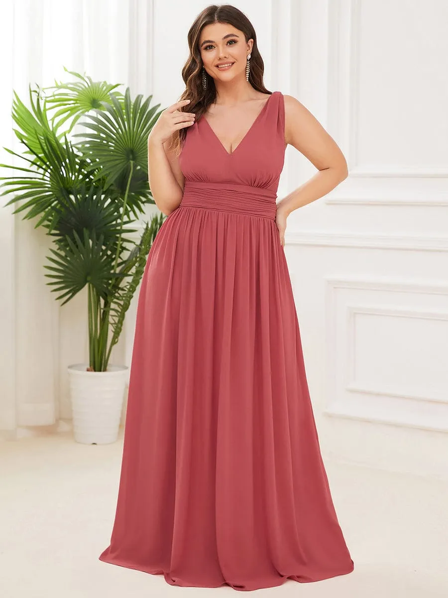 Pleated Sleeveless V-Neck Chiffon Maxi Dress