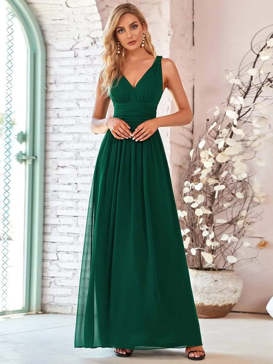 Pleated Sleeveless V-Neck Chiffon Maxi Dress