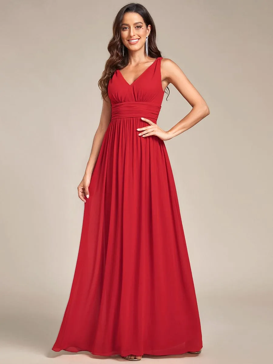 Pleated Sleeveless V-Neck Chiffon Maxi Dress