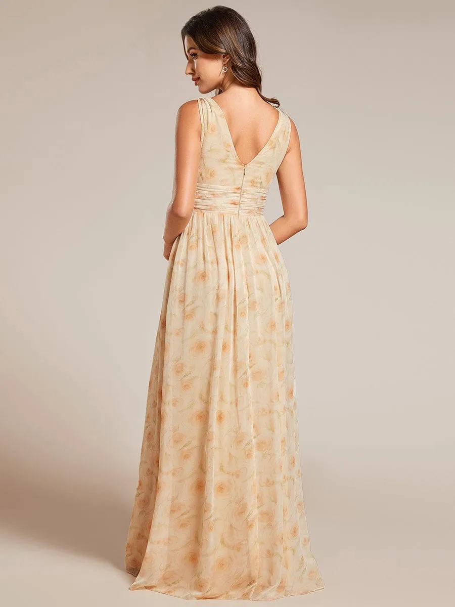 Pleated Sleeveless V-Neck Chiffon Maxi Dress