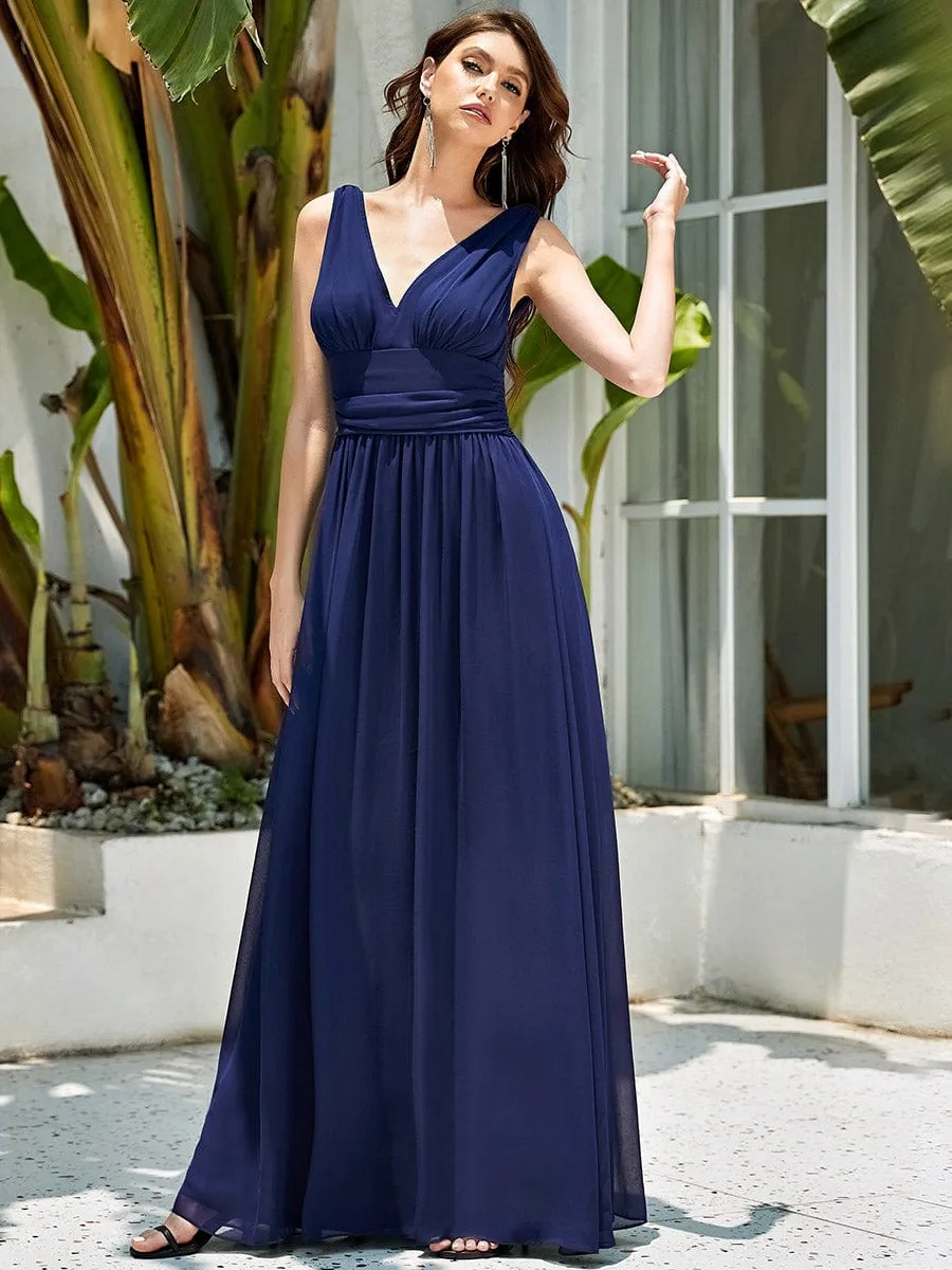 Pleated Sleeveless V-Neck Chiffon Maxi Dress