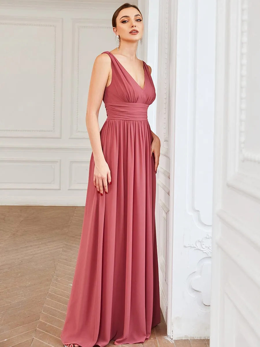 Pleated Sleeveless V-Neck Chiffon Maxi Dress