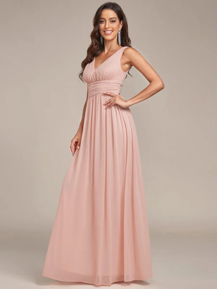 Pleated Sleeveless V-Neck Chiffon Maxi Dress