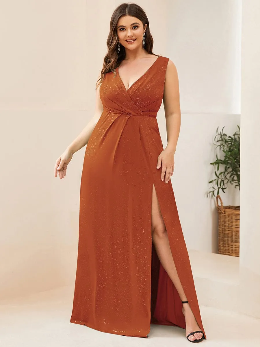 Plus Size Shiny V Neck Side Slit Formal Evening Dress