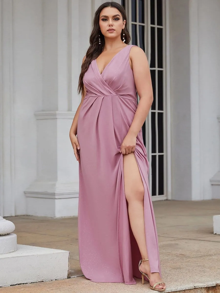 Plus Size Shiny V Neck Side Slit Formal Evening Dress