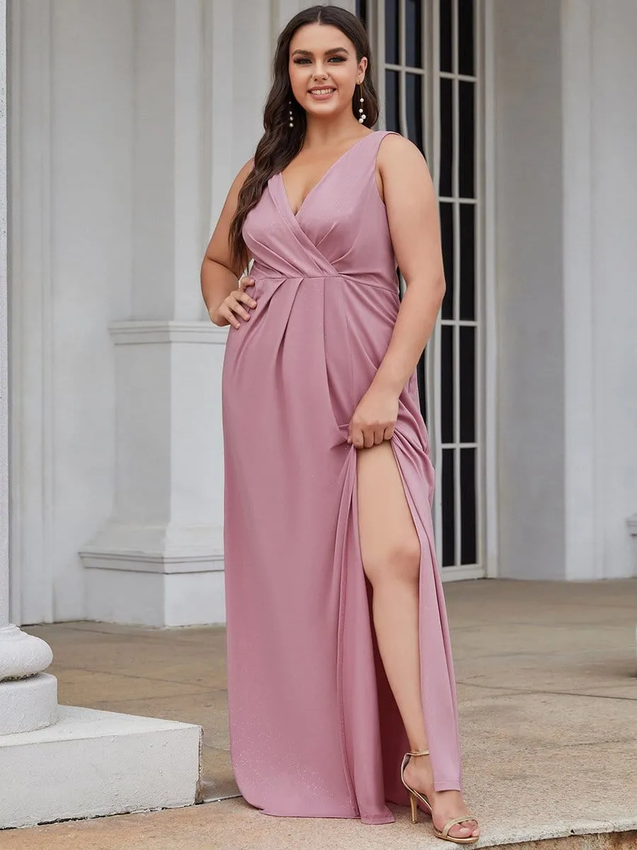 Plus Size Shiny V Neck Side Slit Formal Evening Dress