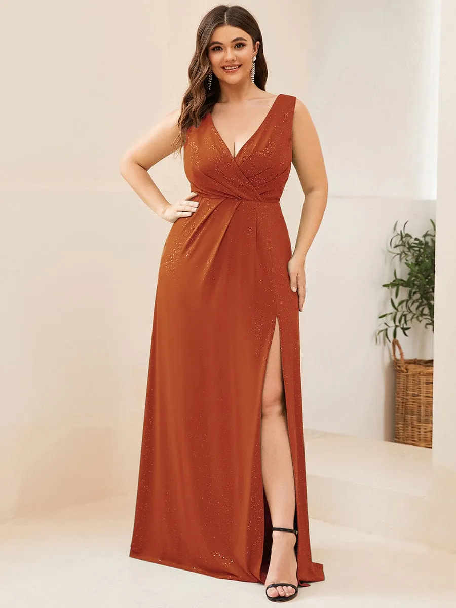 Plus Size Shiny V Neck Side Slit Formal Evening Dress