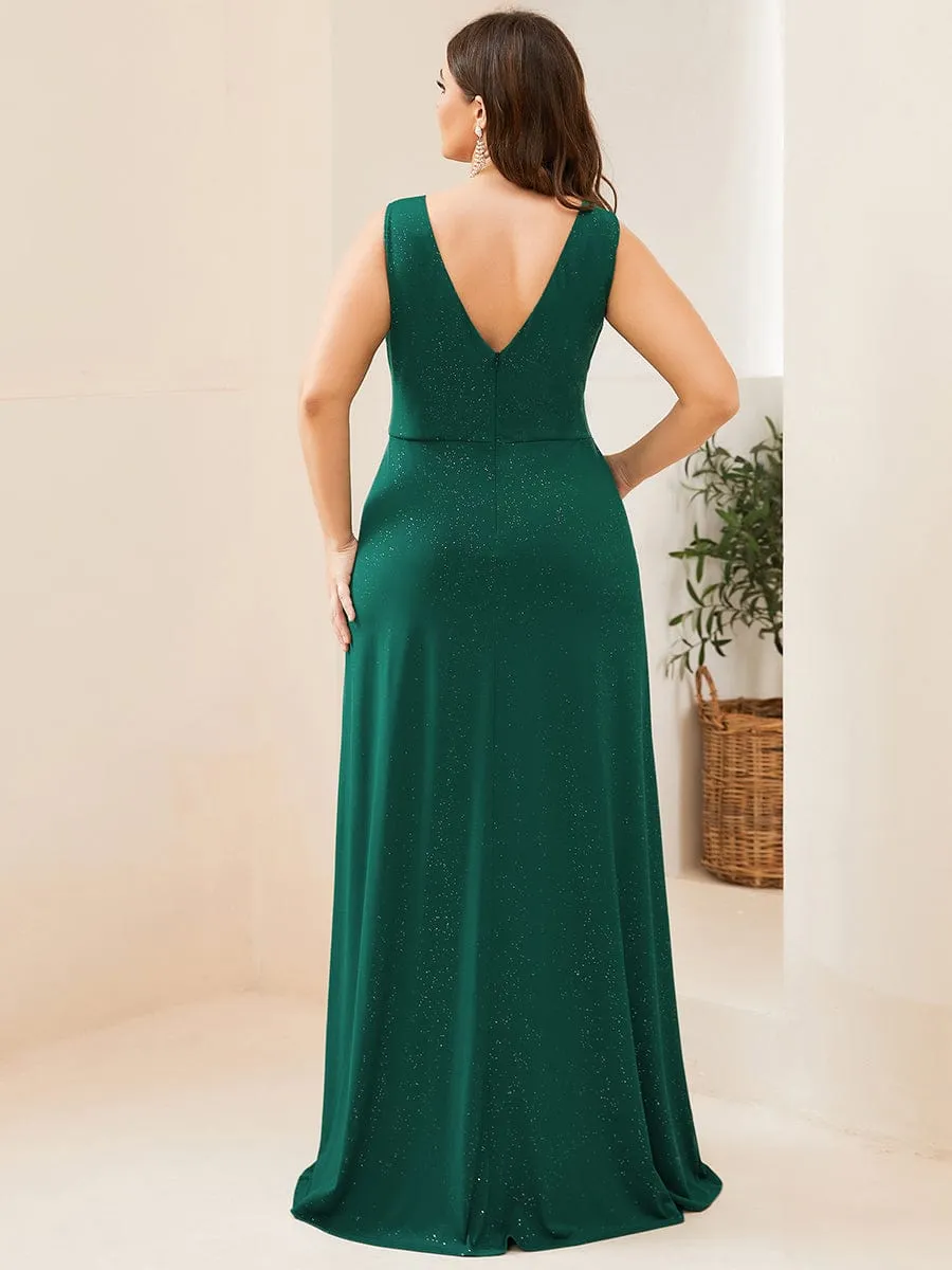 Plus Size Shiny V Neck Side Slit Formal Evening Dress