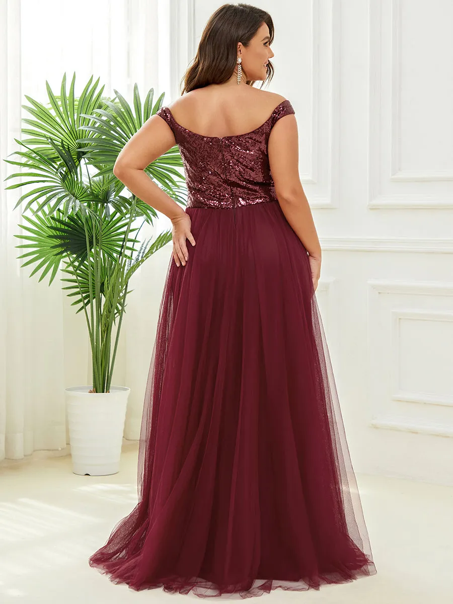 Plus Size Wholesale High Waist Tulle & Sequin Sleeveless Evening Dress