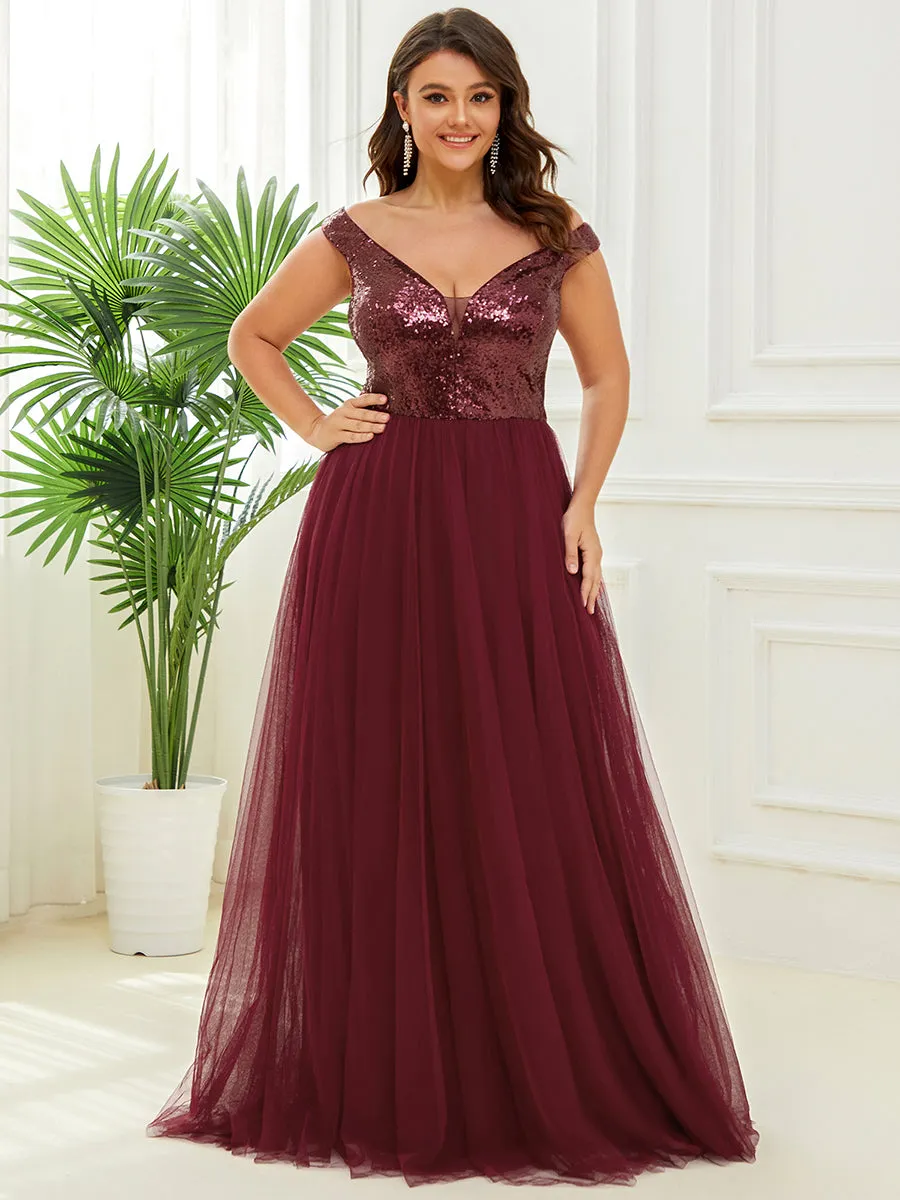 Plus Size Wholesale High Waist Tulle & Sequin Sleeveless Evening Dress