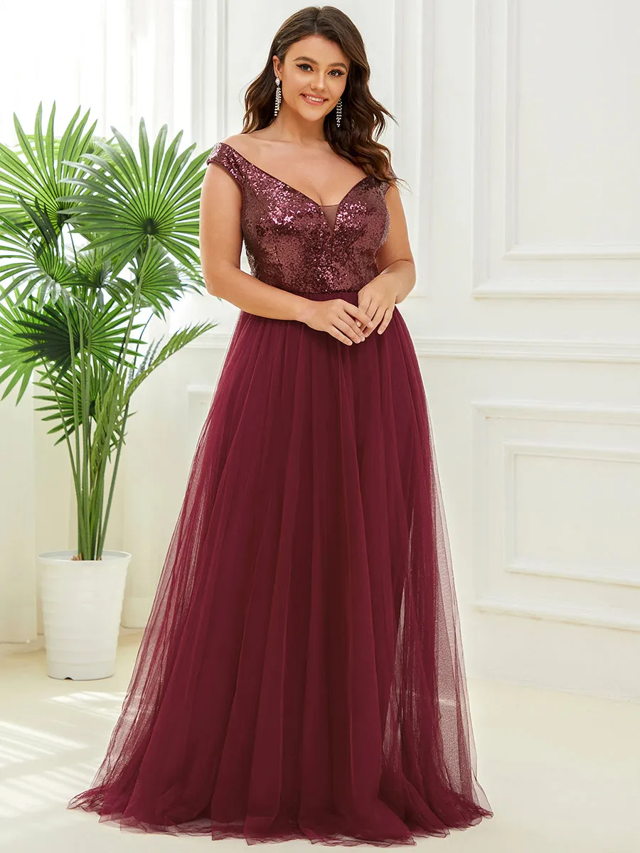 Plus Size Wholesale High Waist Tulle & Sequin Sleeveless Evening Dress