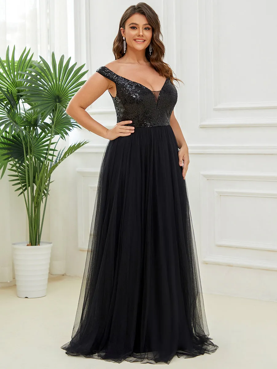 Plus Size Wholesale High Waist Tulle & Sequin Sleeveless Evening Dress