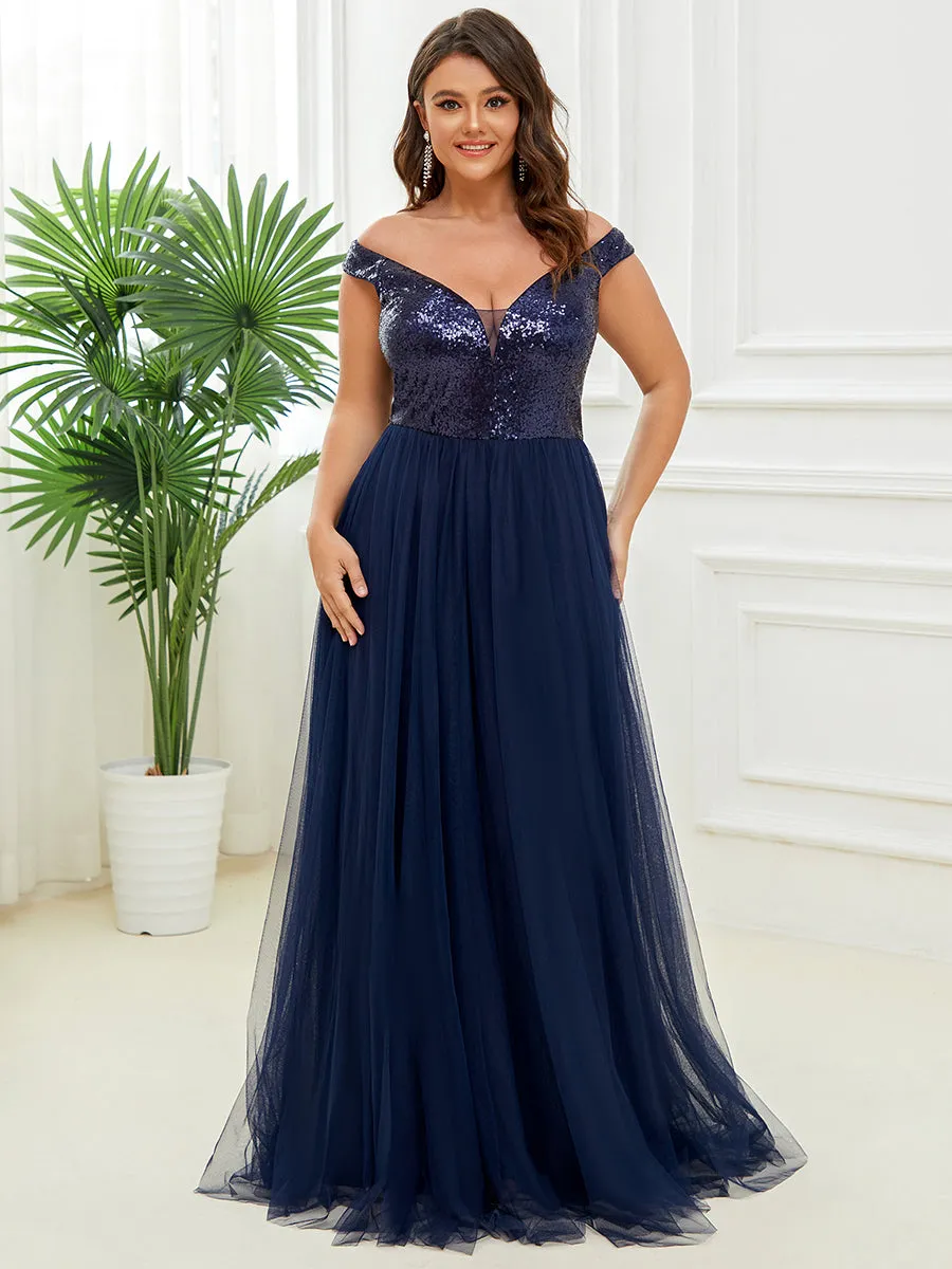 Plus Size Wholesale High Waist Tulle & Sequin Sleeveless Evening Dress