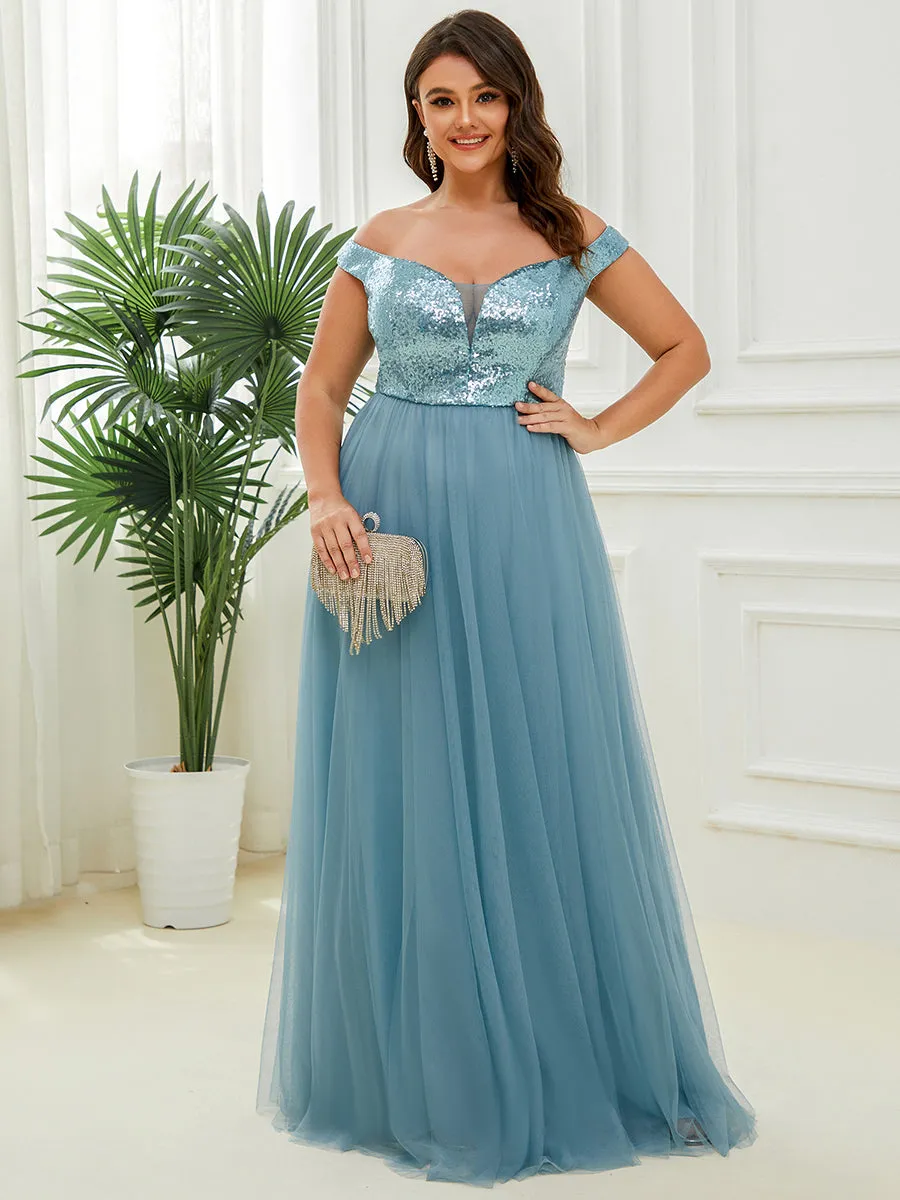 Plus Size Wholesale High Waist Tulle & Sequin Sleeveless Evening Dress