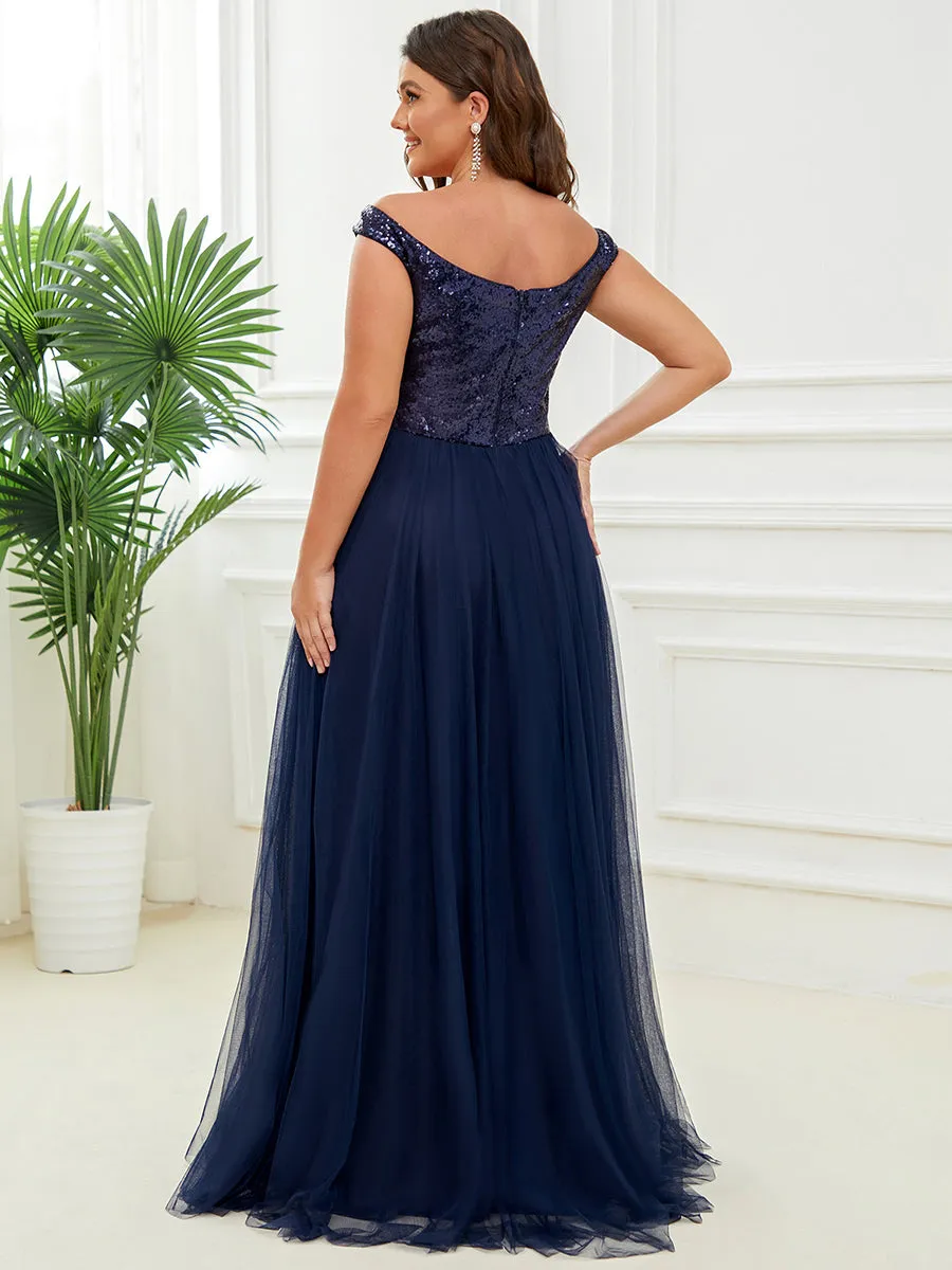 Plus Size Wholesale High Waist Tulle & Sequin Sleeveless Evening Dress