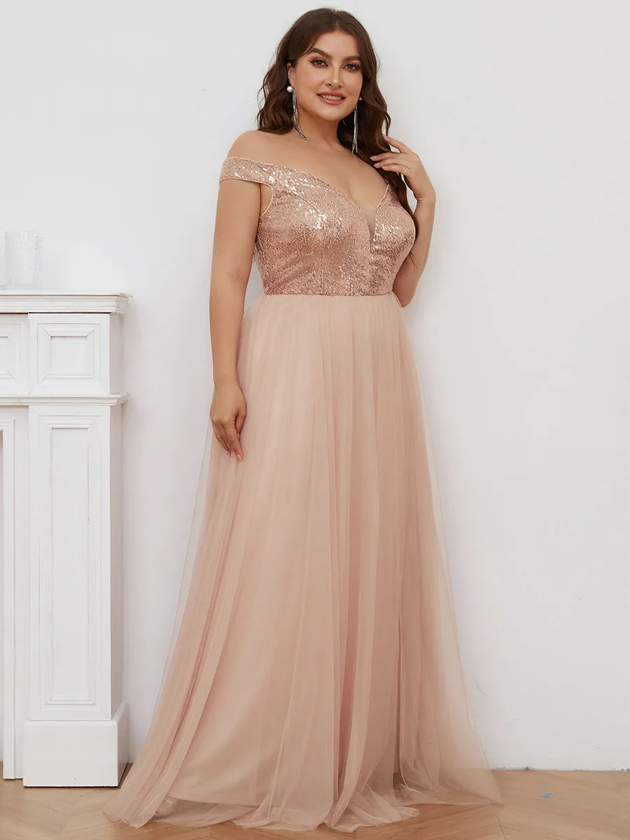 Plus Size Wholesale High Waist Tulle & Sequin Sleeveless Evening Dress