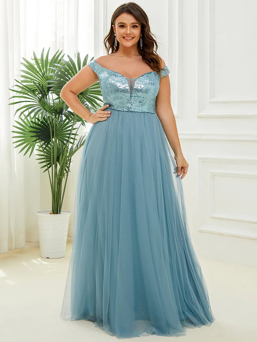 Plus Size Wholesale High Waist Tulle & Sequin Sleeveless Evening Dress