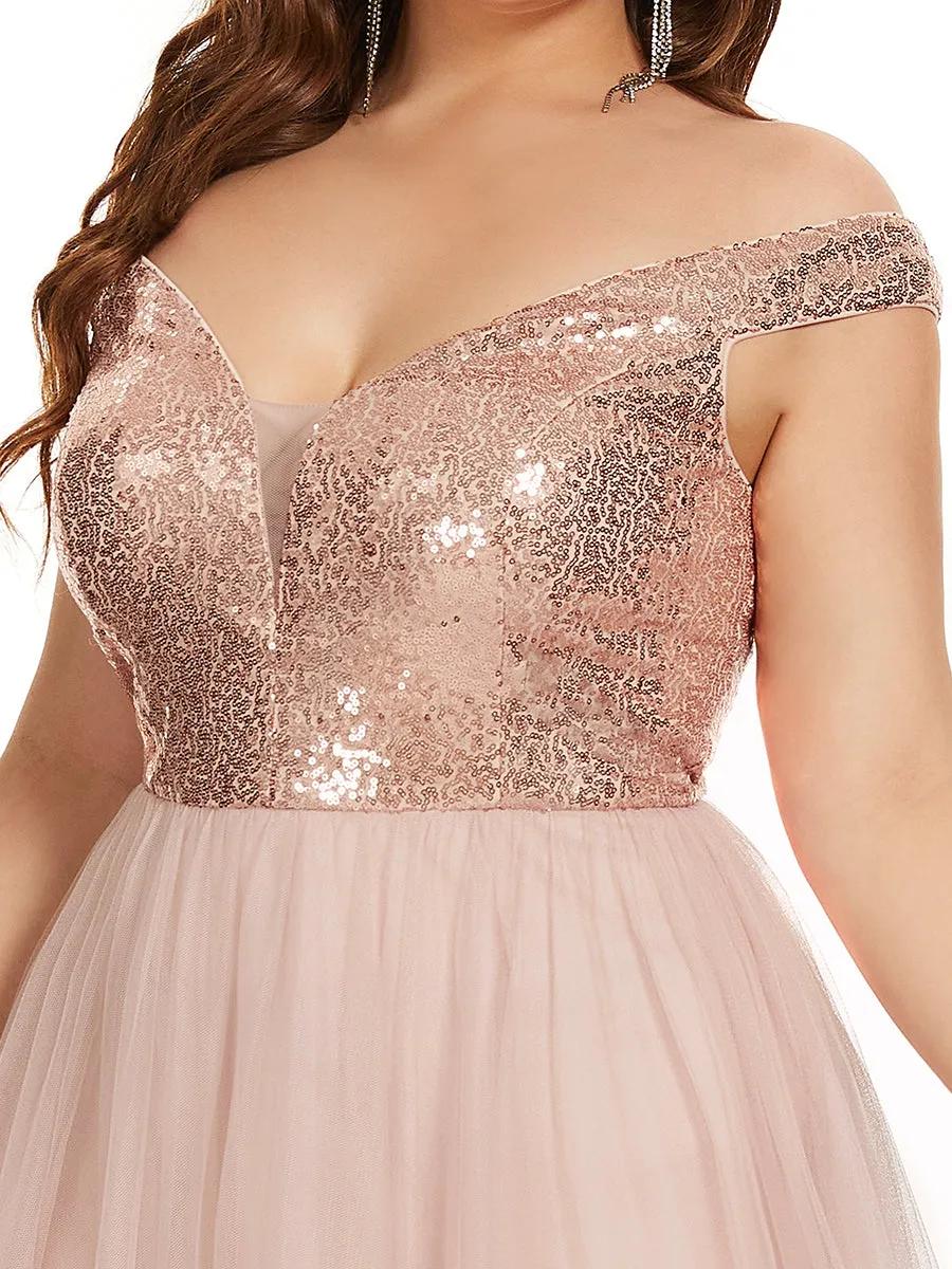 Plus Size Wholesale High Waist Tulle & Sequin Sleeveless Evening Dress