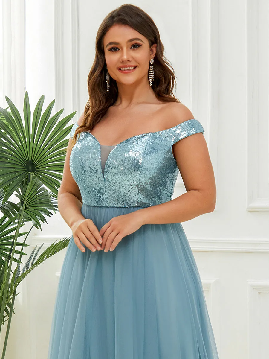 Plus Size Wholesale High Waist Tulle & Sequin Sleeveless Evening Dress