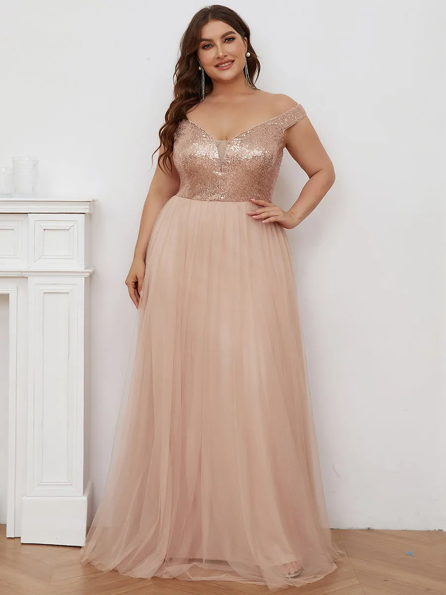 Plus Size Wholesale High Waist Tulle & Sequin Sleeveless Evening Dress