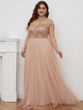 Plus Size Wholesale High Waist Tulle & Sequin Sleeveless Evening Dress